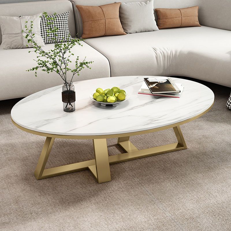Metal Cross Legs Cocktail Table Luxurious Oval Stone Top Coffee Table