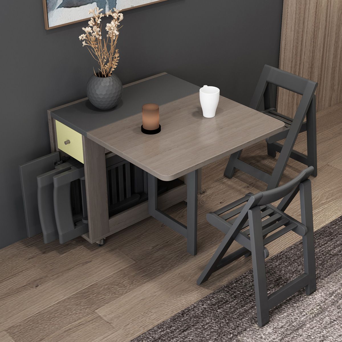 Modern Folding Dining Table Rectangle Tabletop with 2 Drawers