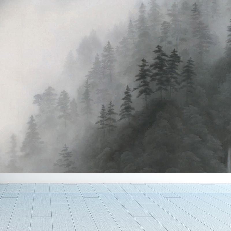 Gray Mysterious Forest Mural Wallpaper Moistureproof Contemporary Dining Room Wall Decor