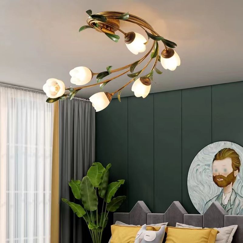 American Style Ceiling Light Flower Shape Ceiling Lamp with Glass Shade for Living Room