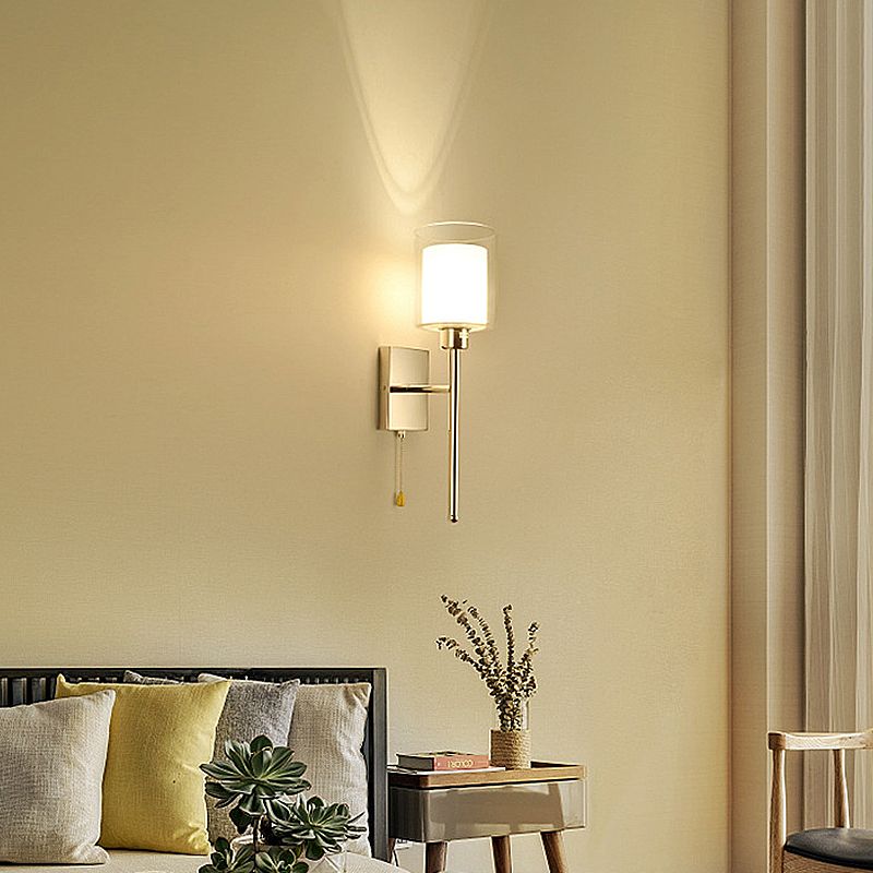 1-Light Modernism Wall Light, Torch Design with Golden/Chrome Finish, Cylinder Shaped Glass Shade