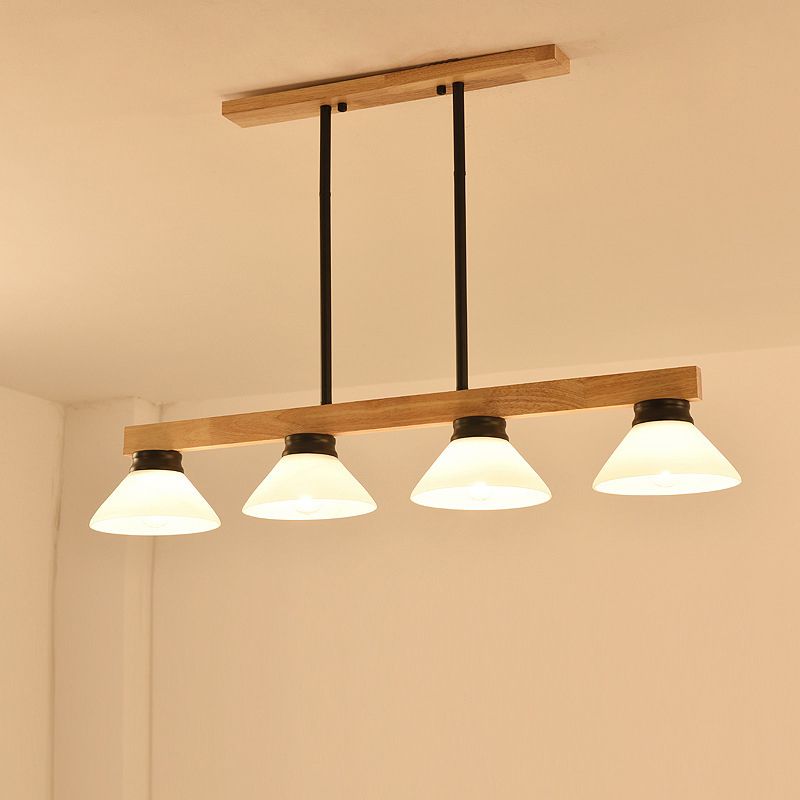 Nordic Linear Wood Hanging Light 4 Heads Island Ceiling Light in Gold/Black Finish with Cone Opal Glass Shade
