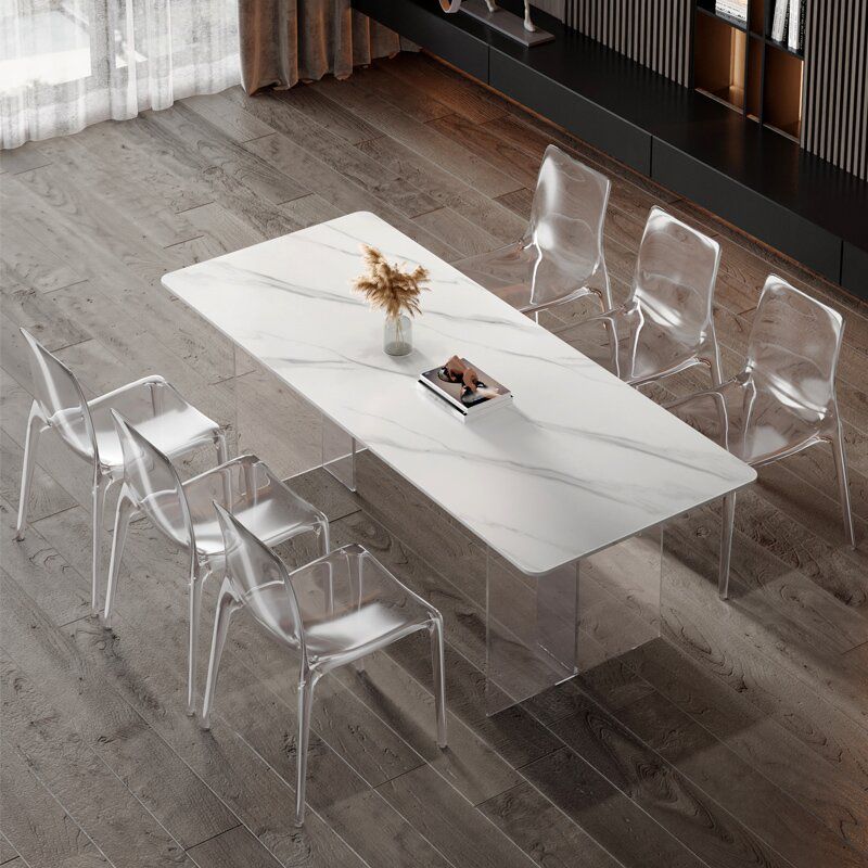 Rectangle Transparent Base Dining Table Modern Stone Double Pedestal Table