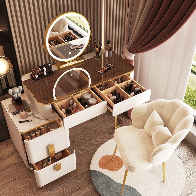 Glass Top Make-up Vanity Wood Dressing Table with Storage Drawers
