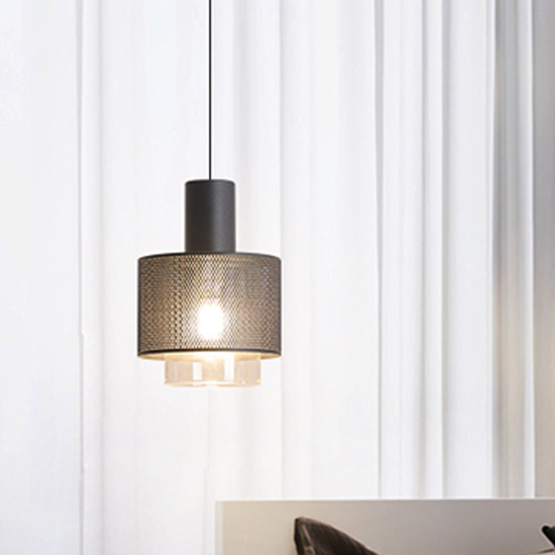 Modern Drum Mesh Pendant Lighting Iron 1 Head Bedside Hanging Ceiling Lamp in Black with Cylinder Clear Glass Shade