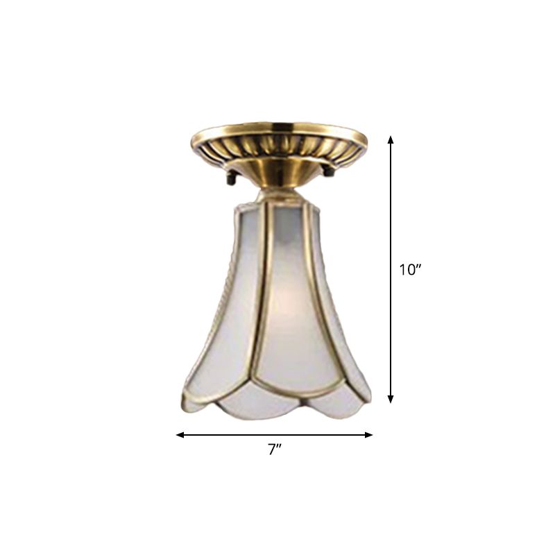 Curved/Cylinder/Flower Frosted Glass Flush Lamp Colonial 1-Light Corridor Flush Mount Light in Brass