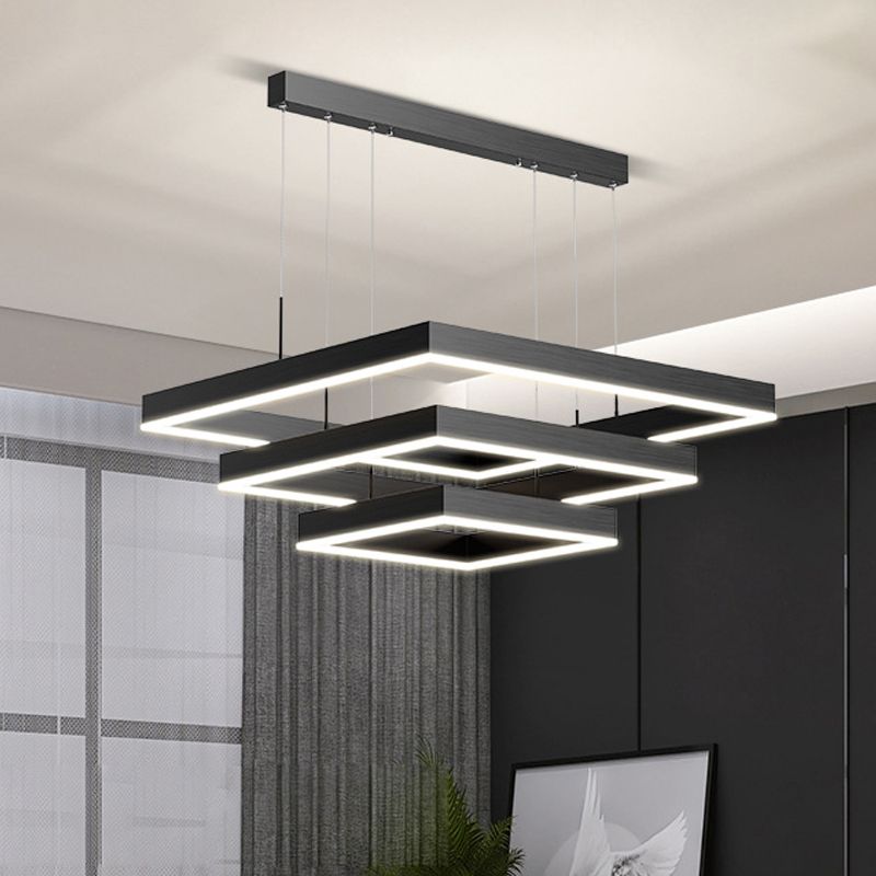 Modern Metal Chandelier Multi-Layer Square Chandelier Pendant Lamps in Black for Living Room