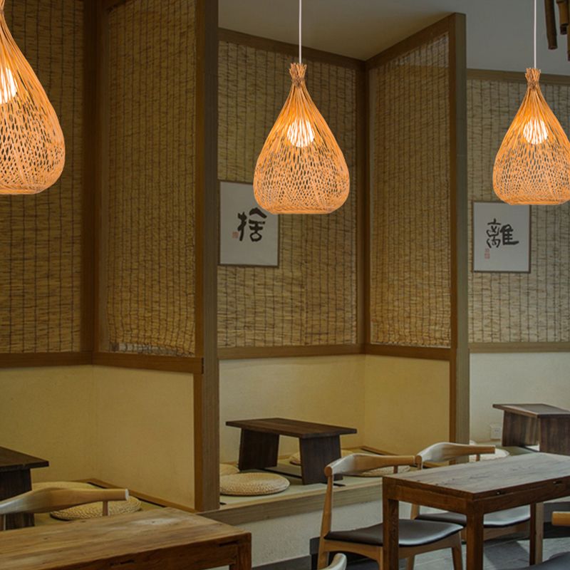 Asian 1 Bulbe Light Light Wood Larard Prendant Lightture avec une teinte en bambou