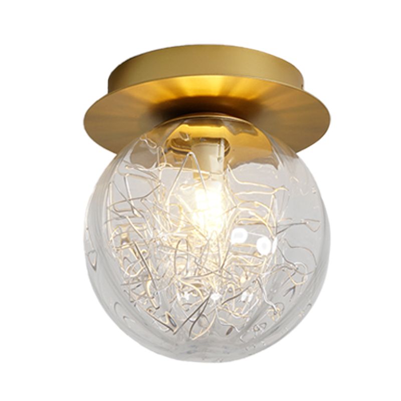 Gold Pumpkin Ball Flush Lighting Modern 1 Light Clear Glass Flush Lamp Fixture with Metal Line Inside