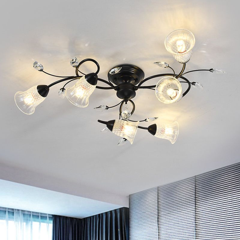 Helder kristal wijd uitlopende plafond spoel minimalistisch 6-head zwart/gouden semi-flush mount licht met gebogen arm