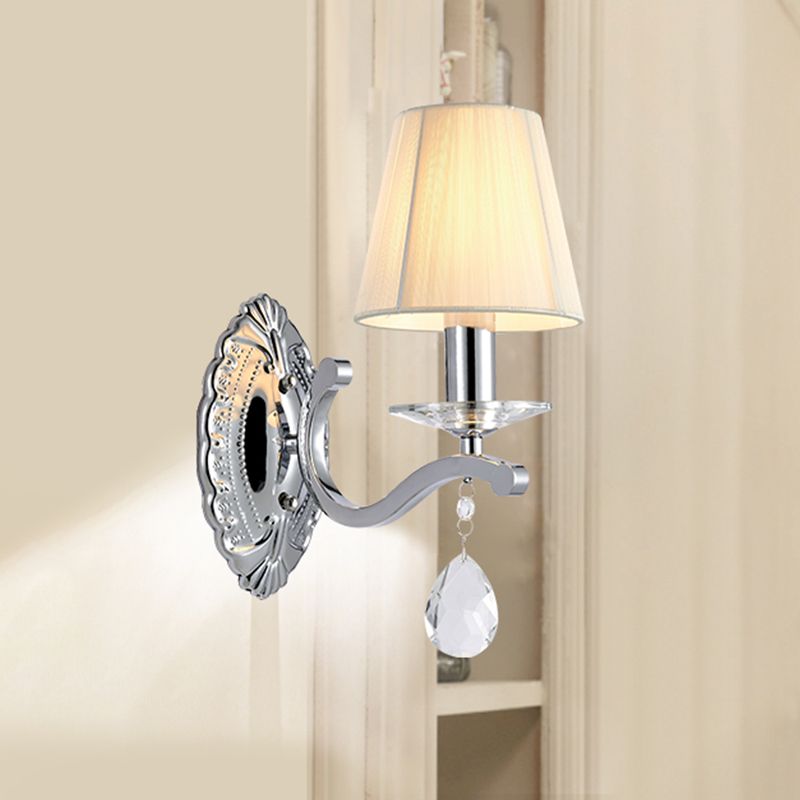 1/2-Head Pleated Fabric Wall Light Modernism Beige Cone Corner Sconce with Chrome Curving Arm