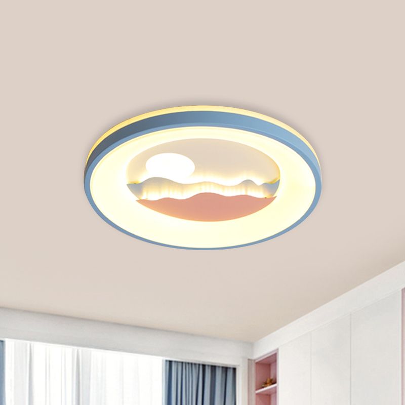 Round Acrylic Flush Light Fixture with Sunset Design Nordic LED Pink/Blue Flush Mount Lamp for Child Bedroom