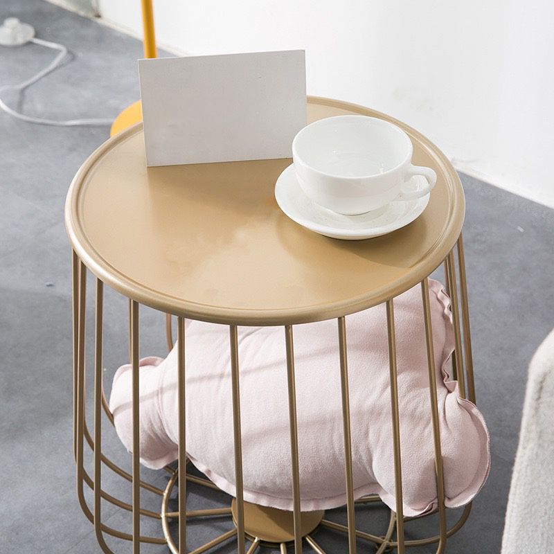 Mid-century Modern Round Iron Coffee Table, Brass/Black Frame Cocktail Table with Storage
