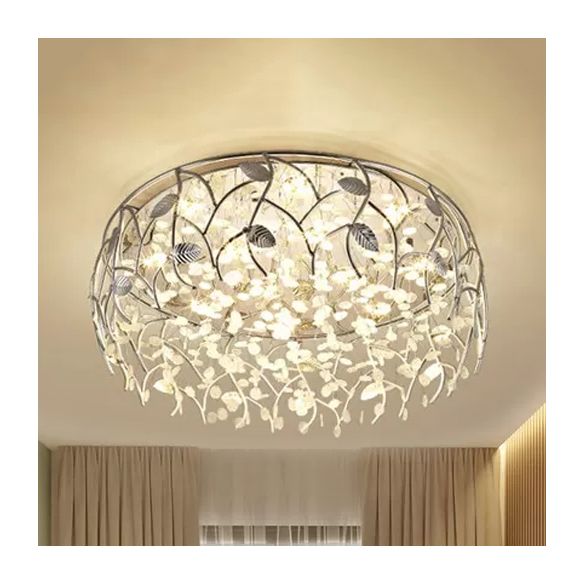 Plafonnier chromé romantique avec feuille et perle de cristal, plafonnier en métal pour chambre à coucher