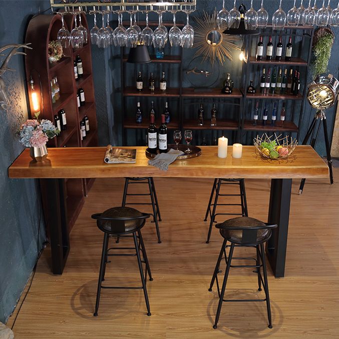 Wood Top Bar Table Rectangle Dining Table with Metal Base for Kitchen