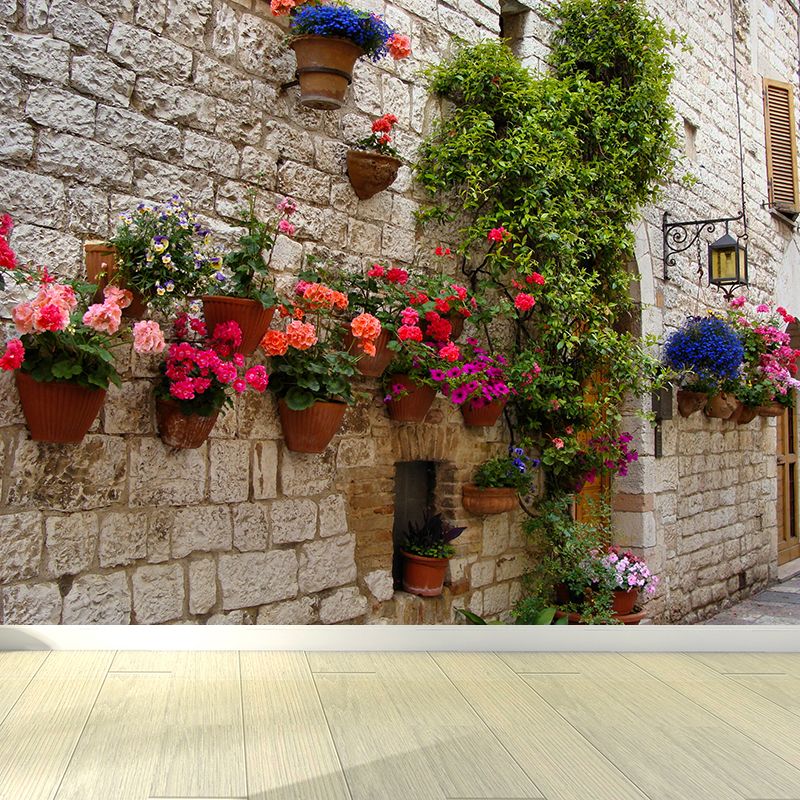 Contemporary Town and Flowers Mural Wallpaper Green Fancy Architecture Wall Covering