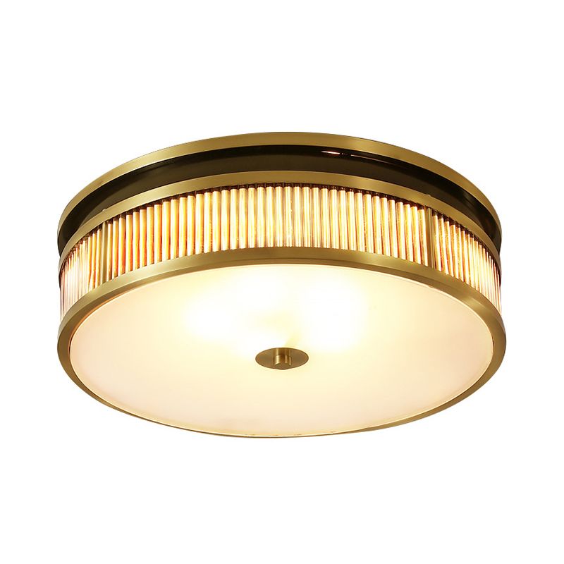 4 Lights Great Room Flush Lamp Minimalist Brass Ceiling Mounted Fixture with Drum Opal Glass Shade