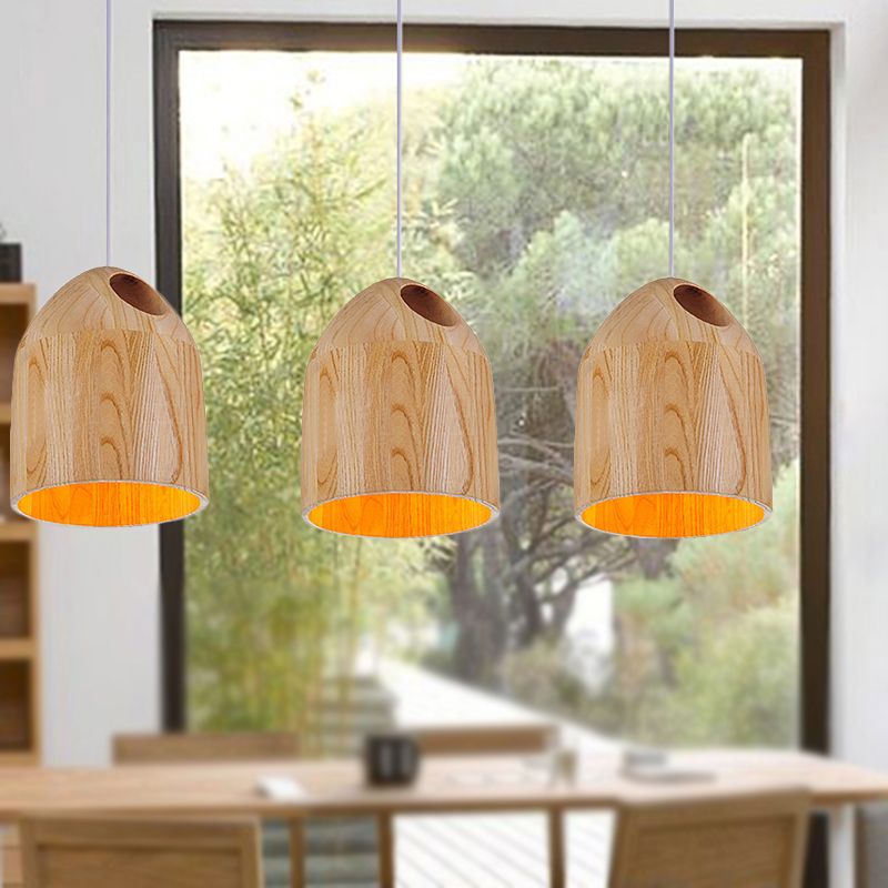 Wood Bell Drop Pendant Contemporary Japanese Style 1-Light Beige Ceiling Light with Adjustable Hanging Cord