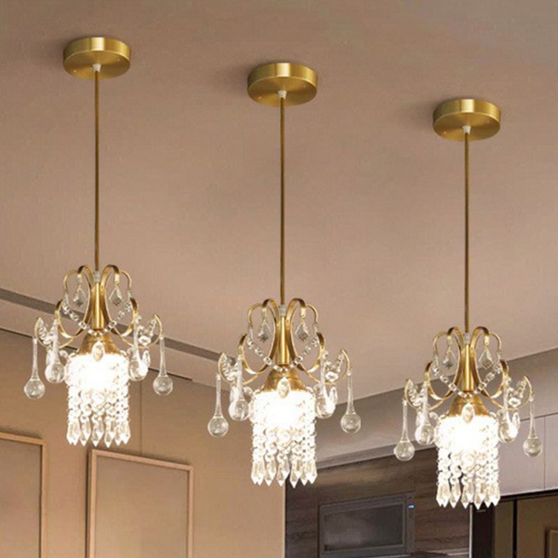 Gold 1-Light Pendant Lighting Traditional Clear Crystal Fringe Suspension Light for Dining Room