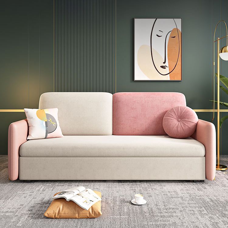 Square Arms Futon Foldable Pillow Included Pink Sleeper Sofa with Storage