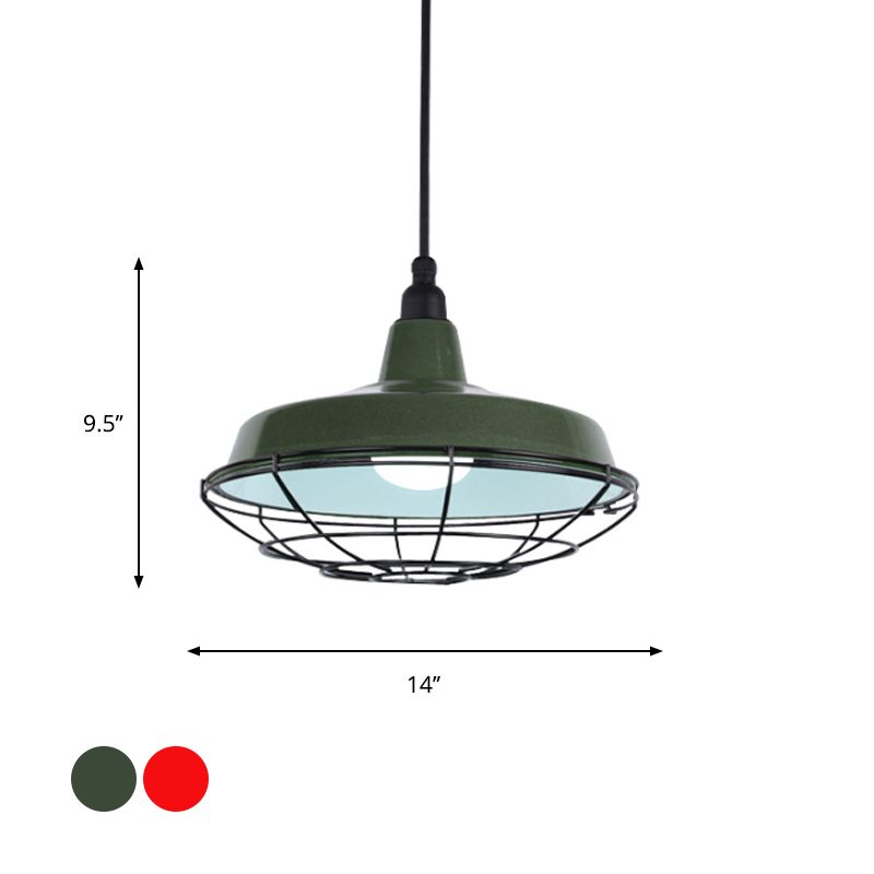 Luce del soffitto a sospensione di fienile con protezione metallica in metallo 1 a sospensione verde chiaro/rosso.