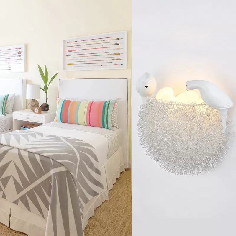 Balcony Kindergarten Nest Wall Light with Bird Decoration Resin Lovely White Sconce Light