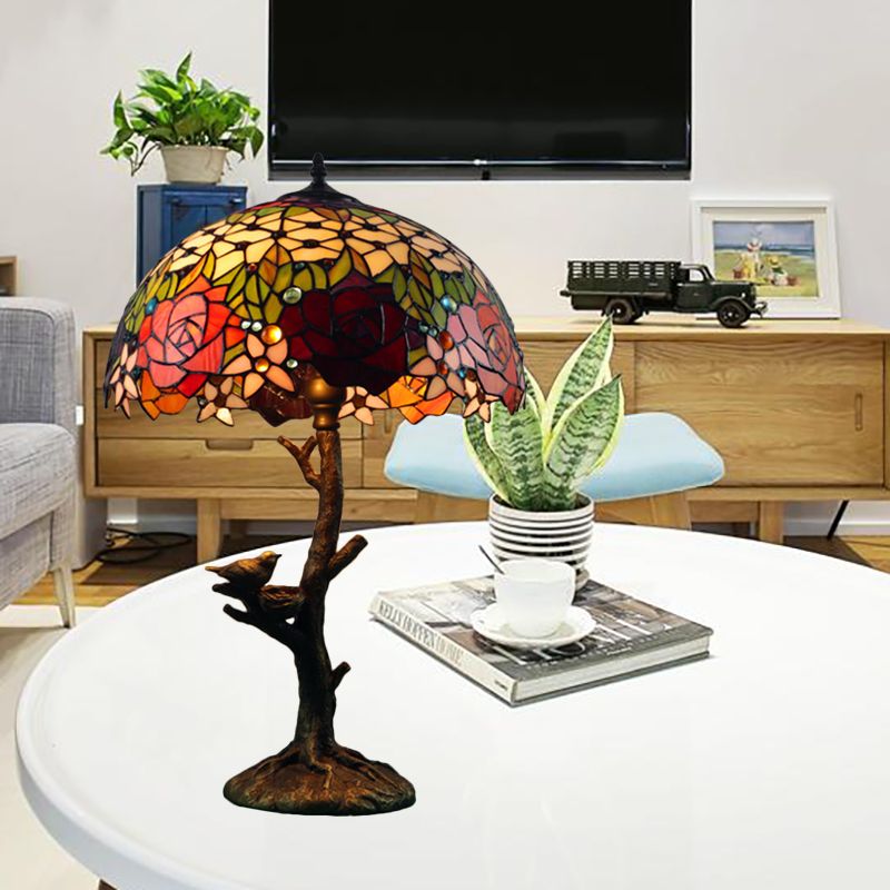 Antique Brass Single Light Nightstand Mediterranean Stained Glass Rose/Dragonfly/Victorian Night Table Light for Bedside