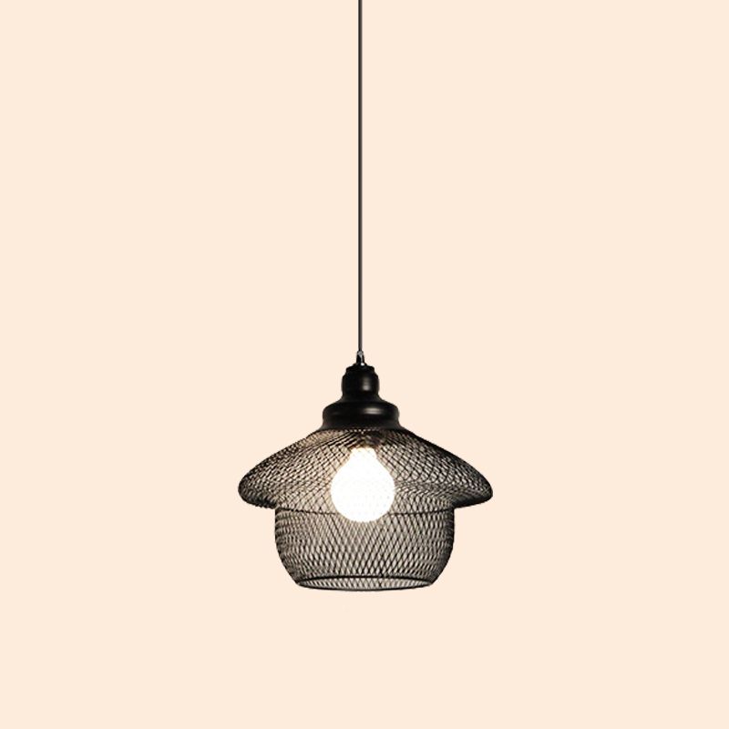 1-Light Dome/Bell/Oval Mesh Drop Pendant Loft Style Black Iron Ceiling Suspension Lamp for Dining Room