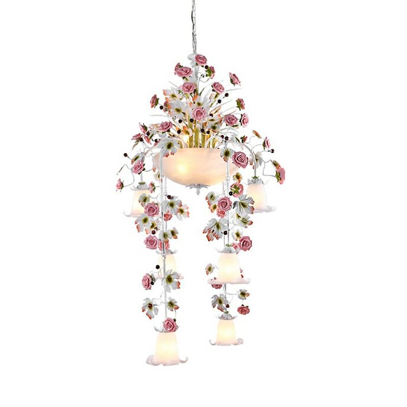 Roseweißglas Deckenlampe Romantische Pastoral 10 Lampen Foyer Kronleuchter Beleuchtung