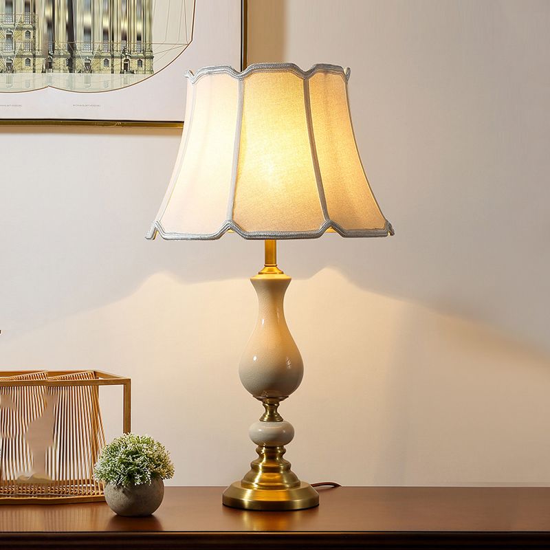 Fabric Scalloped Bell Table Lamp Simplicity 1 Bulb Living Room Nightstand Light with Ceramic Decor in White