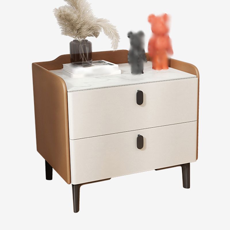 18'' Tall Modern Bed Nightstand 2-Drawer Storage Stone Top Oak Night Table