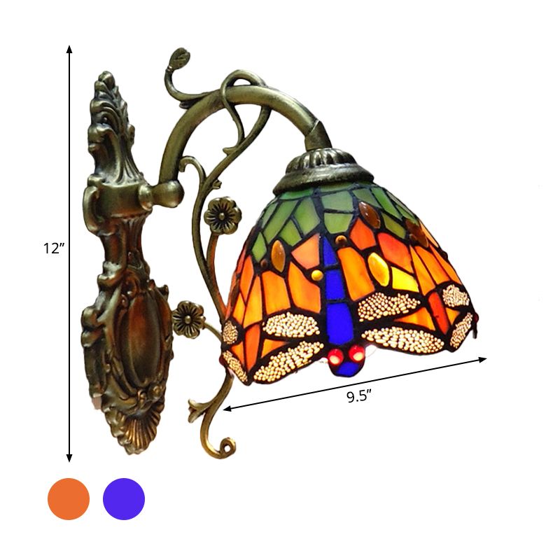 Hand Cut Glass Dragonfly Wall Sconce Tiffany Style 1 Light Wall Mount Light Fixture with Carved Backplate