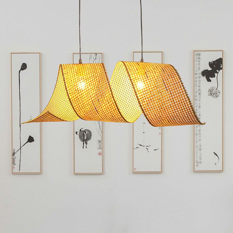 Bamboo Spiral Suspension Light Simplicity Pendant Light Fixture in Wood for Tea Room