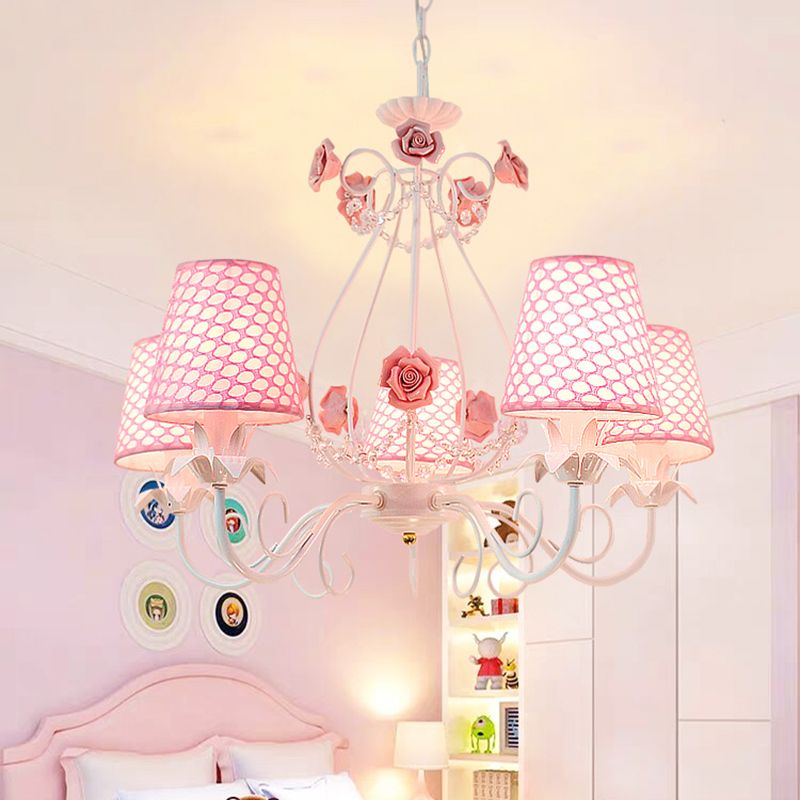 Countryside Barrel Chandelier Lighting Fixture 5 Heads Fabric Pendant Ceiling Light in Pink/White