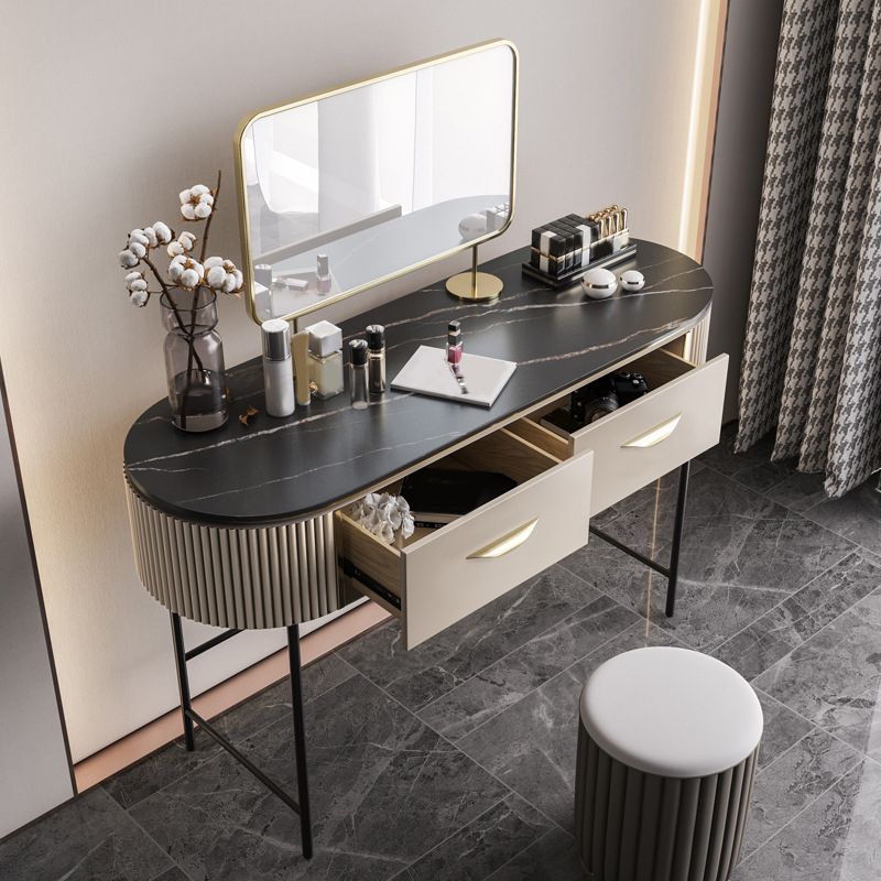 2 Storage Drawers Dresser with Mirror & Padded Stool Contemporary Stone Top Vanity