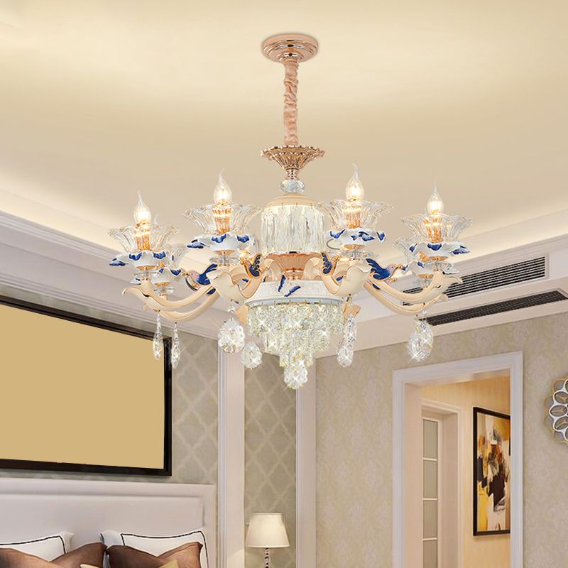 Clear K9 Crystal Flower Chandelier Traditional Dining Room Hanging Ceiling Light with Ceramic Decor