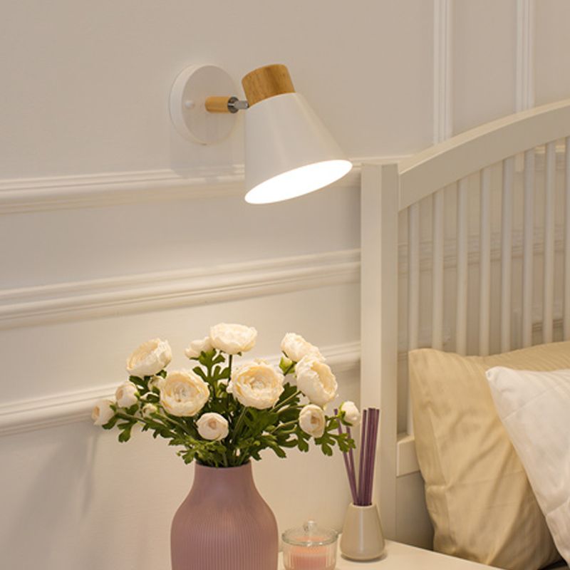 Modernism Conical Sconce Metal 1 Bulb Wall Mount Light Fixture in White with Wood Cap