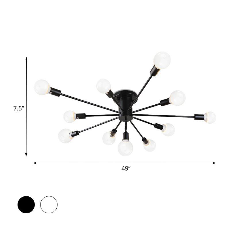 6/8 Heads Ceiling Light Fixture with Exposed Bulb Metal Retro Style Bedroom Semi Flush Mount Lighting in Black/White