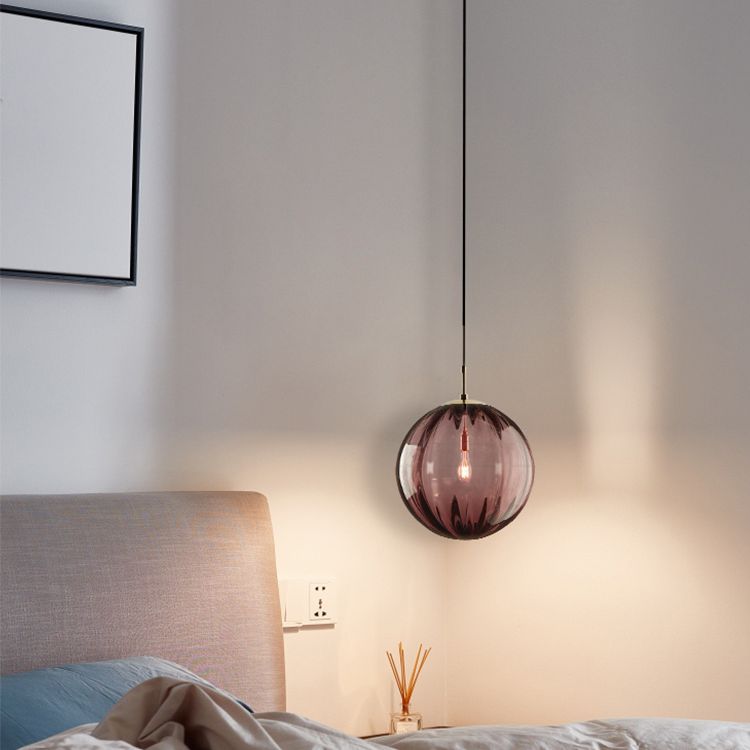 1 Light Spherical Pendant Light Modern Simple Designer Ribbed Bedroom Hanging Lamp