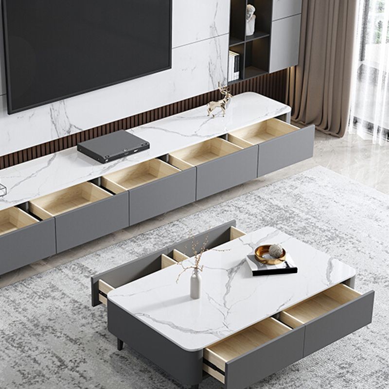 4 Legs Coffee Cocktail Table with Storage Drawers White Slate Top