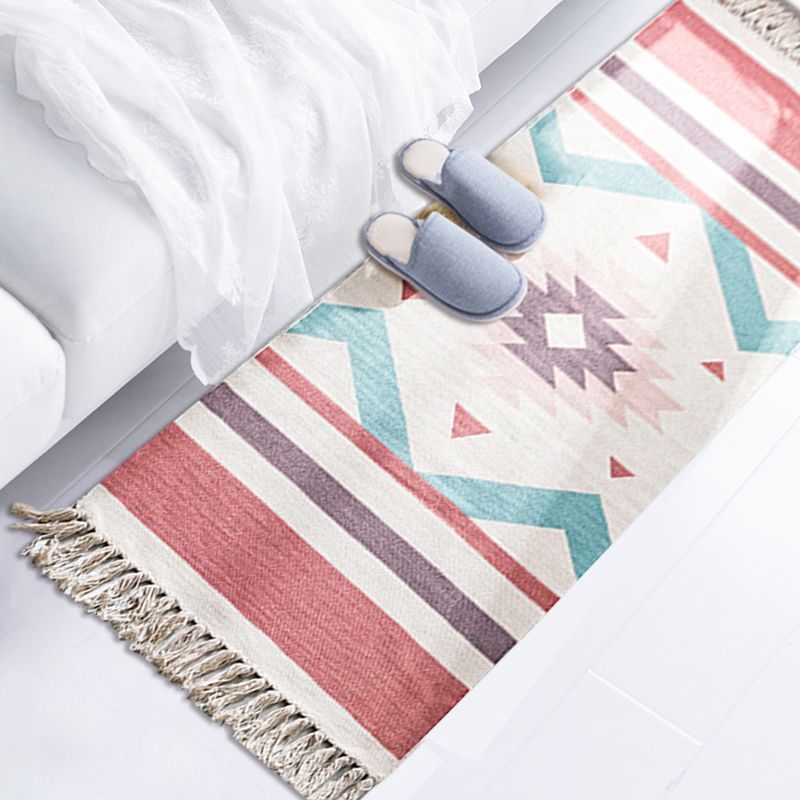 Multi-Color Americana Rug Victorian Cotton Blend Rug Washable Carpet with Fringe for Bedroom