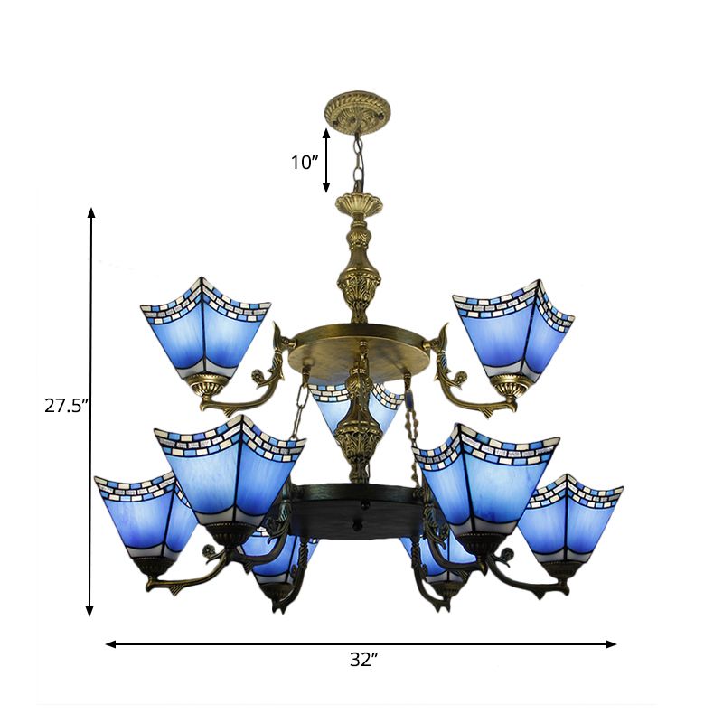 Lámpara colgante de pirámide náutica, 2 niveles, vidrio azul, 9 luces, lámpara con cadena de metal en azul