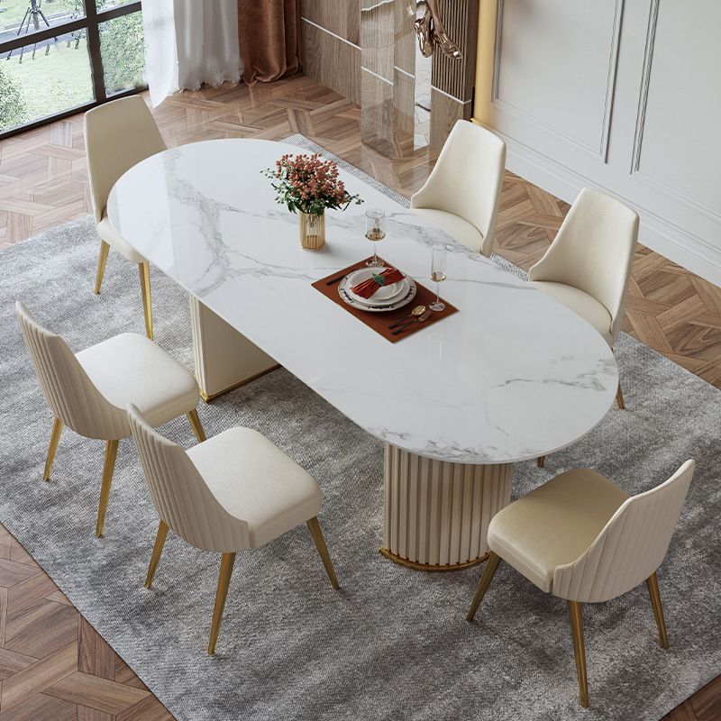 Mesa de comedor ovalada de lujo tradicional mesa sinterizada con pedestal doble blanco