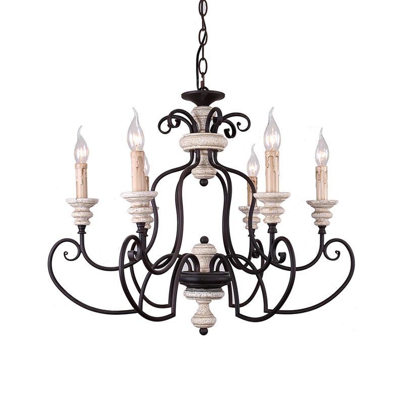 Rust 6 Heads Ceiling Chandelier Country Metal Scrolled Arm Suspension Lamp with Candle Design