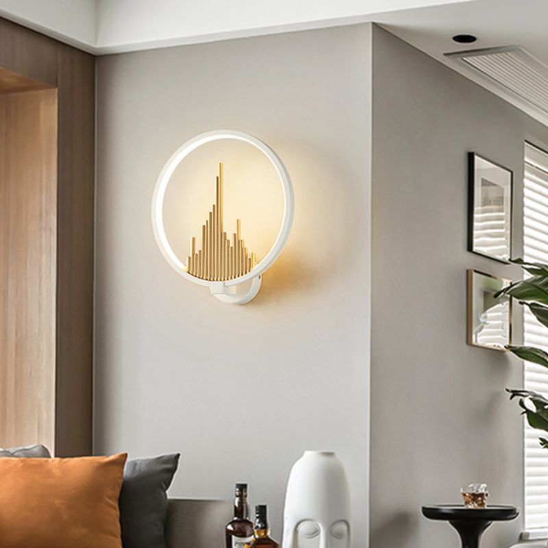 Acrylic Halo-Ring LED Sconce Light Modern Wall Mounted Lamp in Black/White with Mountain Pattern, Warm Light