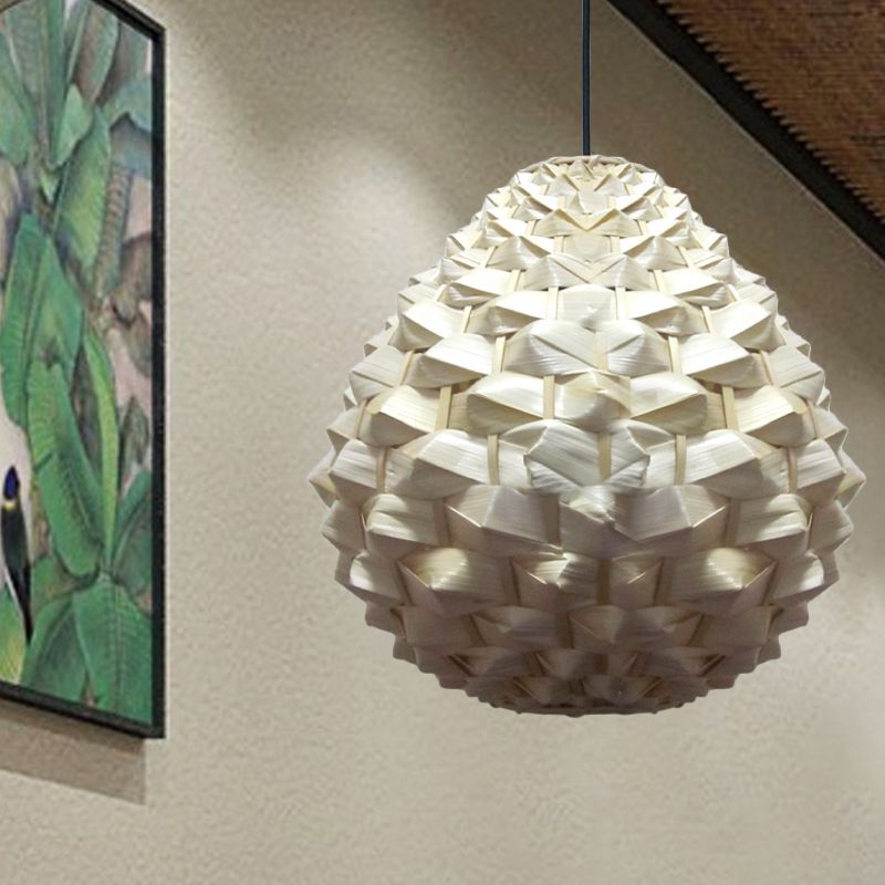 1 Head Living Room Pendant Lamp Asia Beige Hanging Ceiling Light with Droplet Bamboo Shade