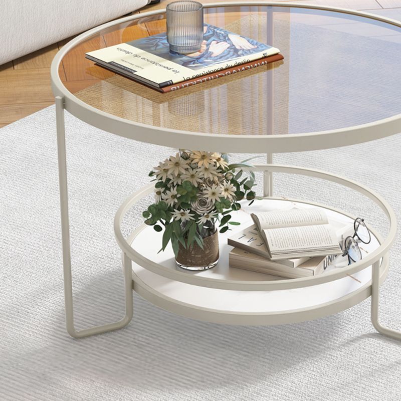 17.7" H Round Glass Coffee Table Iron 3 Legs Cocktail Table with Slate Shelf