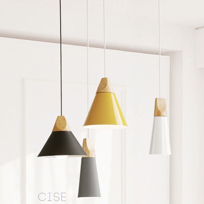 1 Light Metal Tapered Pendant Lamp Nordic Style Wooden Top Living Room Hanging Lamp