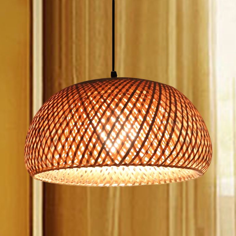 Dual Dome Shade Bamboo Hanging Light Asia 12"/15" Wide 1 Head Beige Pendant Lamp for Parlor
