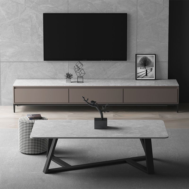 Slate Rectangular Coffee Table Metal Frame Cocktail Table in White & Gray